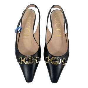 Gucci Zumi GG Interlocking Logo Pointed Toe Slingback Flats Black Size 37